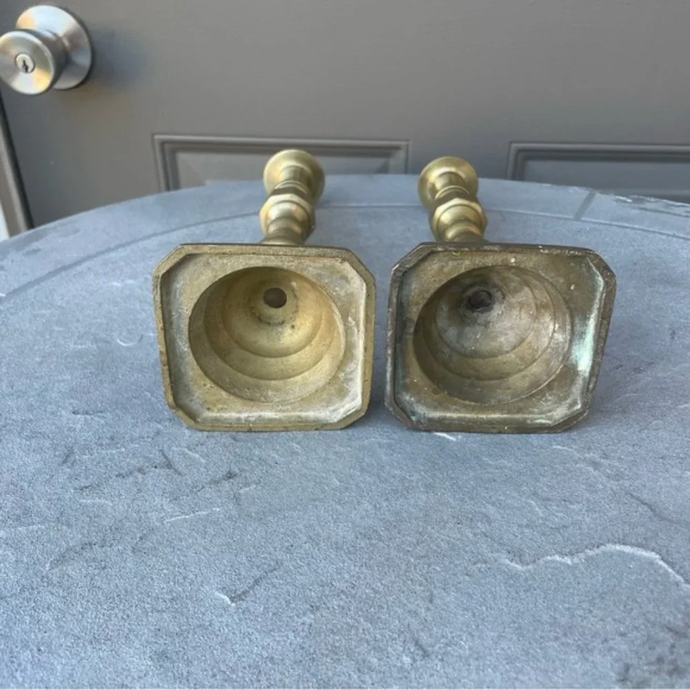 Pair of Antique Beehives Brass Candlesticks